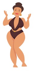 Plump woman or plus size model in swimsuit and gold earrings