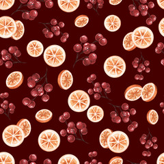 A seamless background with oranges red berries on a twig. A burgundy watercolor pattern.