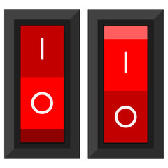 Red rectangular power toggle switches in on and off position set isolated on white background.