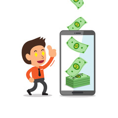 Business concept cartoon smartphone help businessman to earn money for design.