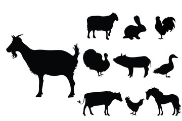 Collection vectors of domestic animal on white background. Symbol of goat, sheep, rabbit, hen, rooster, pig, cow, horse, farm,breeding, logo, sign.