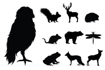 Collection vectors of forest animals on white background. Symbol of animal, owl, squirrel, deer, mouse, bear, frog, fox, logo, sign, hunter, hunting.
