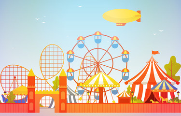 Amusement Park Circus Carnival Festival Fun Fair with Firework Landscape Illustration