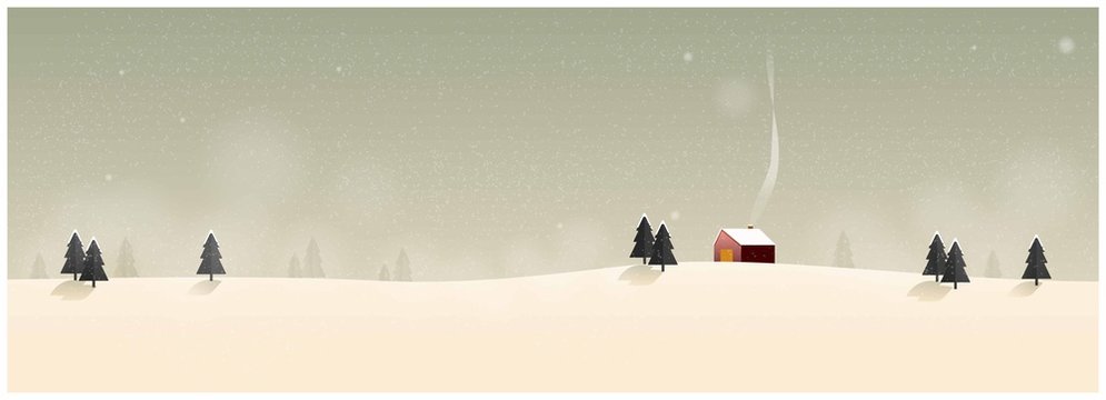 Panorama Vector illustration of Countryside landscape in winter.Banner of lonely hut in winter. snow over the  mountain with small pine trees and old barn.Image with noise and grain.Olive green tone.