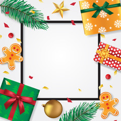 Merry Christmas and New Year card template with pine leaves, star, gingerbread man, presents, bauble and Christmas cherries, vector