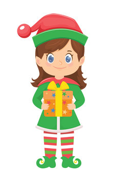 Cute cartoon elf with gift. Christmas character