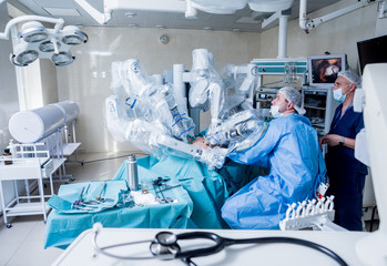 Modern surgical system. Medical robot. Minimally invasive robotic surgery.