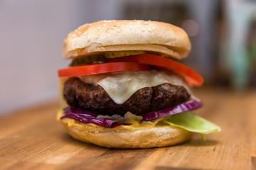 Hamburger on the wooden table
