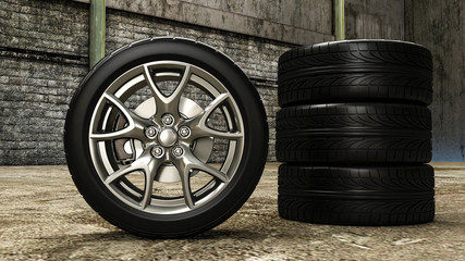 Car wheels 3D. 3D rendering.