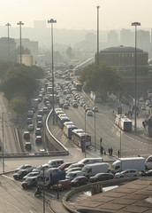 Madrid, Spain. Oct. 19: Morning traffic jam and pollution during rush hour near Atocha railway...