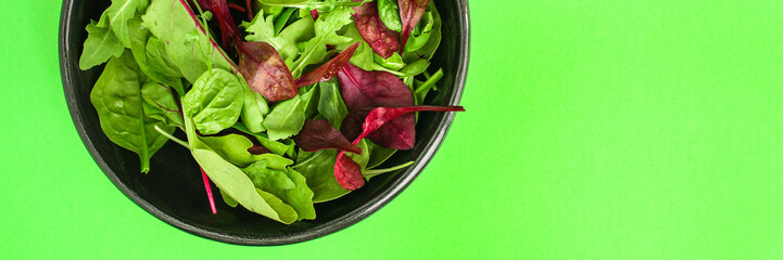 Healthy salad, leaves mix salad (mix micro greens, juicy snack, tomato). food background - Image. copy space. Top view