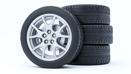 Obraz premium Car wheel isolated on a white background. 3D rendering.