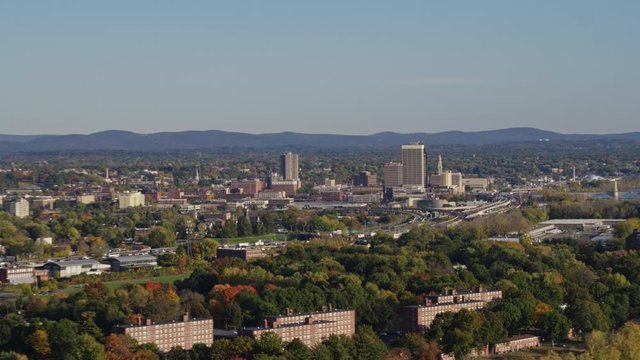 Springfield Massachusetts Aerial v1 Panoramic view of Springfield cityscape from Brightwood vantage with water views - October 2017