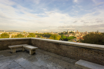 the terrace at the Orange Garden, Aventine Hill. Rome, Italy. The park offers an excellent view of the city.