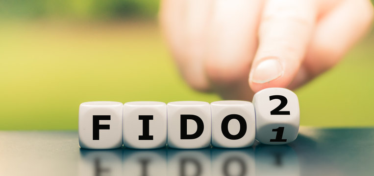Hand turns a dice and changes the expression "FIDO1" to "FIDO2".