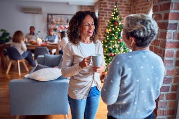 Family and friends dining at home celebrating christmas eve with traditional food and decoration, women talking together happy and casual