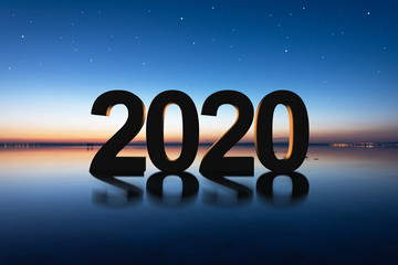 2020 new year concept with silhouette on the salt lake against sunset