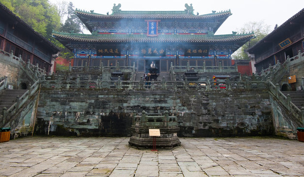 The China kung fu temple. Foggy sunny day
