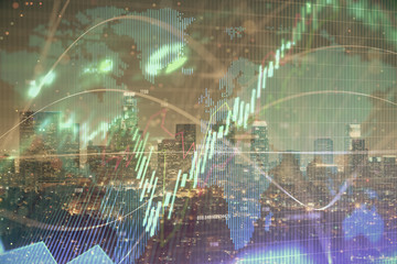 Multi exposure of forex chart drawings over cityscape background. Concept of success.