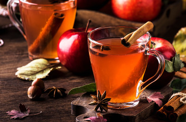 Hot mulled apple cider vinegar with cinnamon sticks, cloves and anise on wooden background....