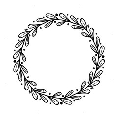 A wreath of leaves, berries and flowers. Fantasy black and white illustration of a wreath of flowers, leaves and berries on a white background.