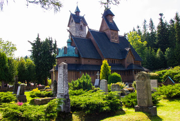 Fototapeta na wymiar Karpacz, Poland. Wang temple. General view of the wooden church.