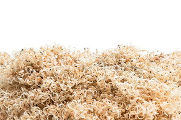 Close up image of wood shavings of colour pencils isolated on white