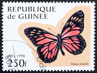 Fototapeta na wymiar A stamp printed by GUINEE, shows butterfly, circa 1998.