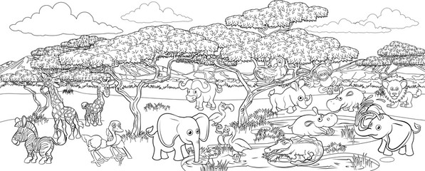 A safari cartoon cute animal background African savannah landscape coloring outline scene.