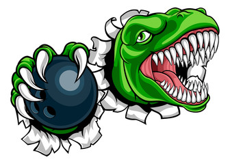 A dinosaur T Rex or raptor ten pin bowling player cartoon animal sports mascot holding a ball in its claw