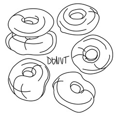Set of 6 hand drawn donuts. Donut isolated on white background. Vector illustration in a doodle style. Line art. Perfect for restaurant menu design, cafe, kitchen, web site, print on the cloth. Eps10.