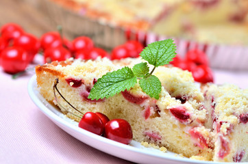 Czech souffle cake with sour cherries. Close-up.