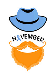 Light blue ribbon as symbol of prostate cancer awareness. Bearded man with a mustache in a hat.