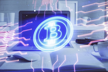 Multi exposure of blockchain theme hologram and table with computer background. Concept of bitcoin...