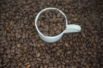 geröstete braune Kaffeebohnen in einer kleinen weißen Tasse auf Bohnen Hintergrund