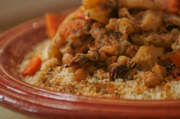 close-up of a traditional Moroccan couscous made from mussels
