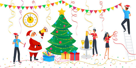 Christmas design elements set, cute cartoon Santa Claus, people in carnival costumes at party, family decorating christmas tree at home, clock, champagne. Clipart for Merry Christmas, Happy New year