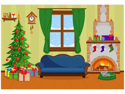 Vector illustration of Christmas living room with Christmas tree, gifts, sofa and fireplace.