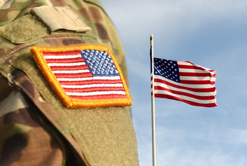 Veterans Day. US soldier. US army. Military of USA. US army uniform patch flag and Flag of USA...