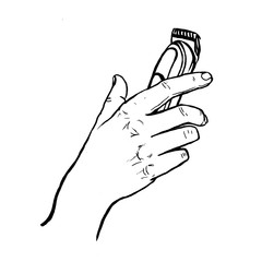 Man's hand hold electric shaver. Hand-drawn stock illustration. Outline. Space for text. Isolated on white. Logo. Design for hairdressing salon, barbershop, shops with hairdresser tools.