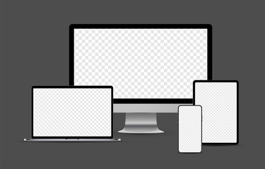 Set of metallic realistic electronic devices: smartphone, tablet, laptop, desktop computer.