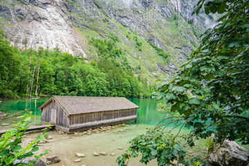 Boathouse on the Koenigsee lake in Bavaria Alps. Germany.