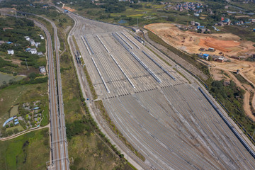 Aerial photography bullet high-speed train inspection site and orbital aerial view, China