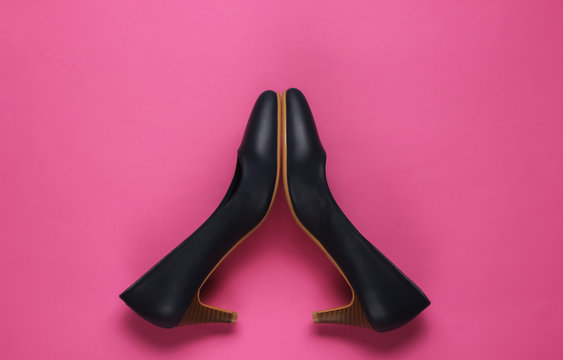 Leather High Heel Shoes On Pink Background. Studio Fashion Shot. Top View