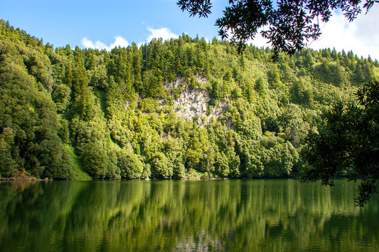 Beautiful view of Lagoa Do Congro (Green Lake), Sao Miguel, Azores, Portugal