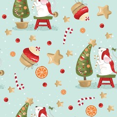 New year and Christmas holiday seamless pattern with mouse for wrapping paper or fabric with different elements. Fashionable vintage style.