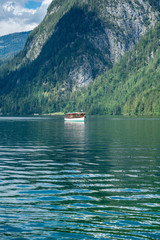 Electric boat on  Koenigssee lake in berchtesgaden in Bavaria Alps.