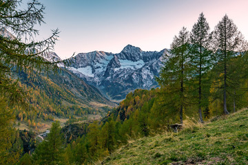 Panoramic view of the Passeier valley with the Seeberalm (Malga del Lago)  with the high rising alp mountains of the Texelgroup (Gruppo di Tessa)