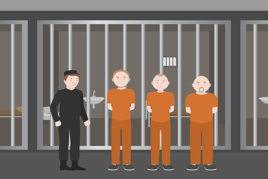 Prison warden and convicts in orange jumpsuits. Vector illustration.