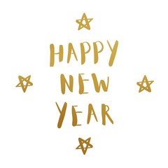 golden littering happy new year and golden stars isolated on white background